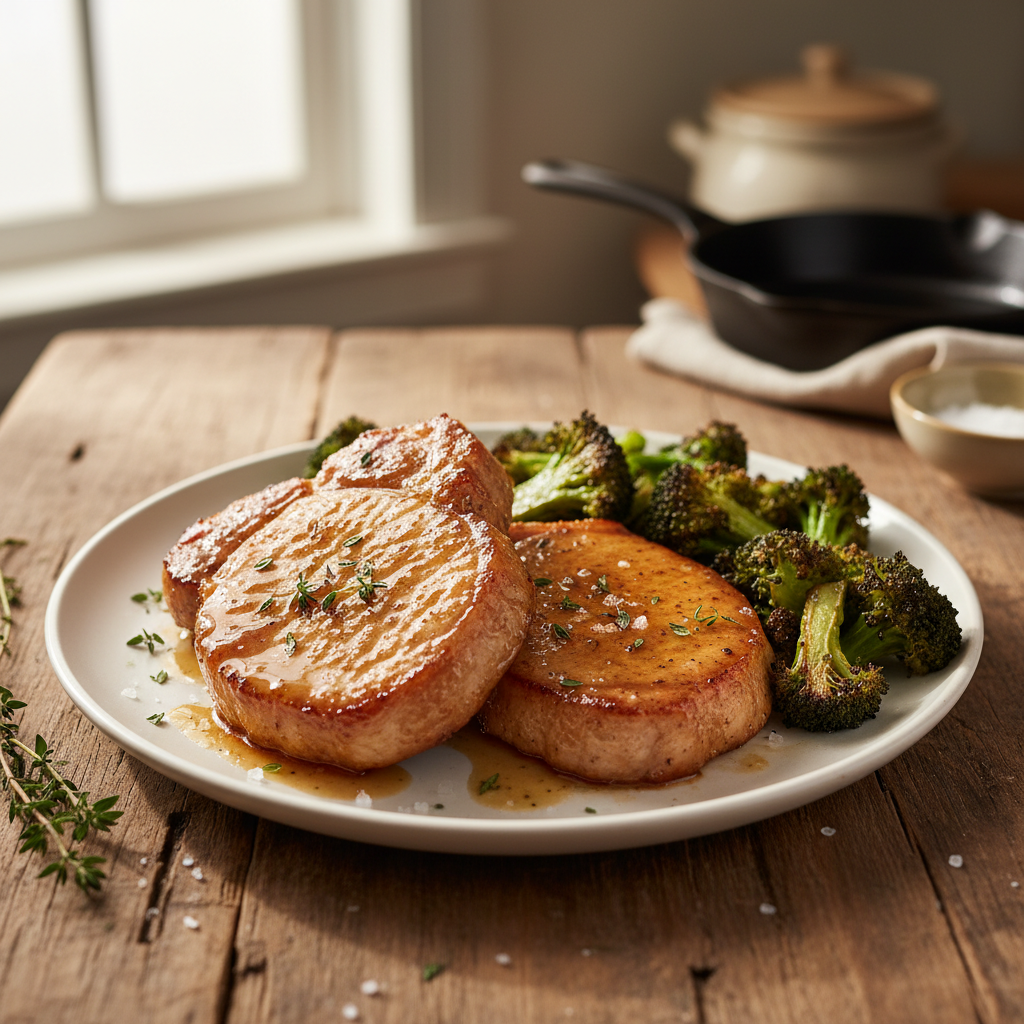 Image de la recette: Côtes de porc laquées à l'érable et brocoli rôti