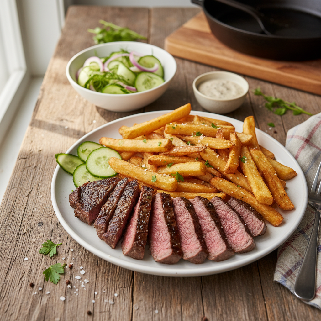 Image de la recette: Bavette de Bœuf Façon Steak-Frites Rapide et Salade