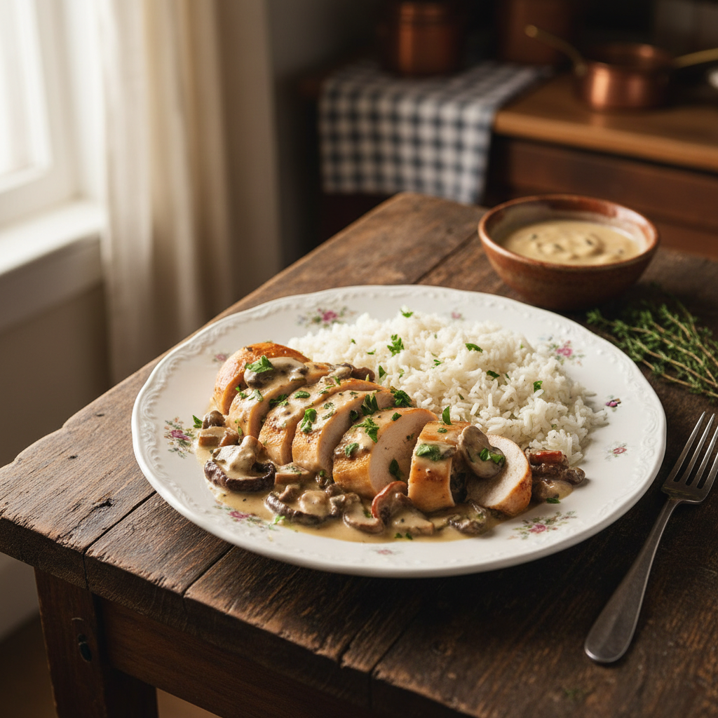 Poulet Crémeux aux Champignons et Riz