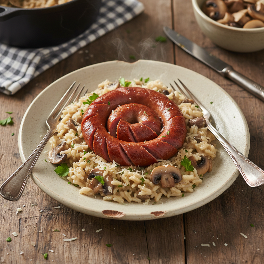 Saucisses fumées et riz crémeux aux champignons