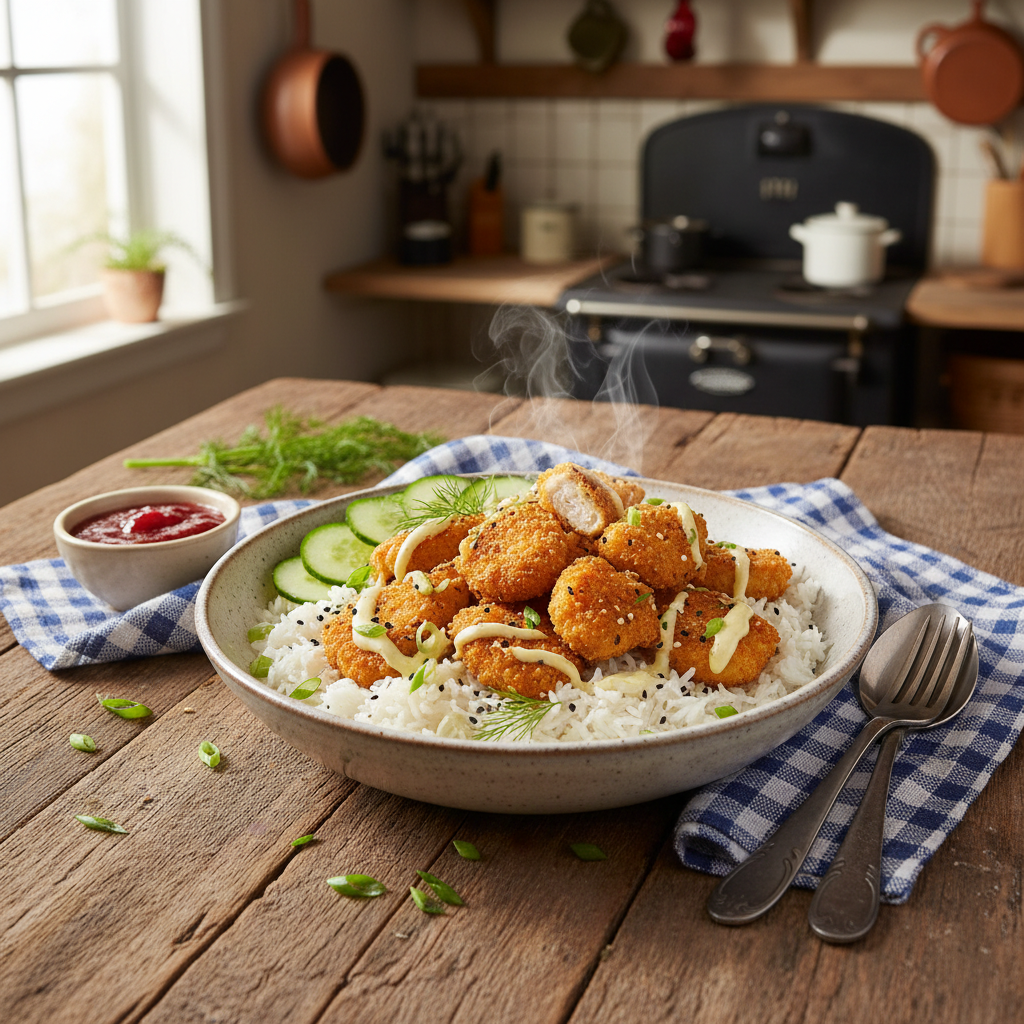 Bol de riz rapide au poulet croustillant et concombre