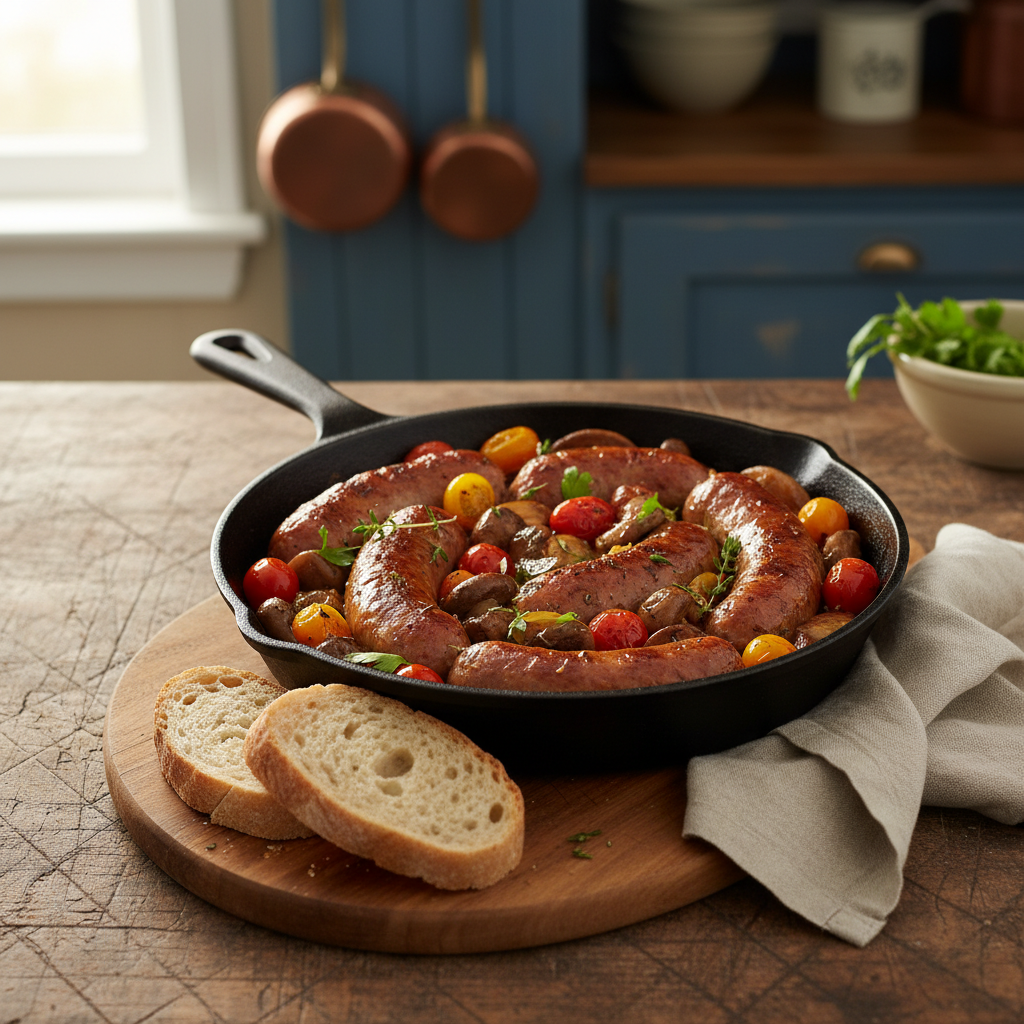 Image de la recette: Poêlée de saucisses paysannes, tomates et champignons