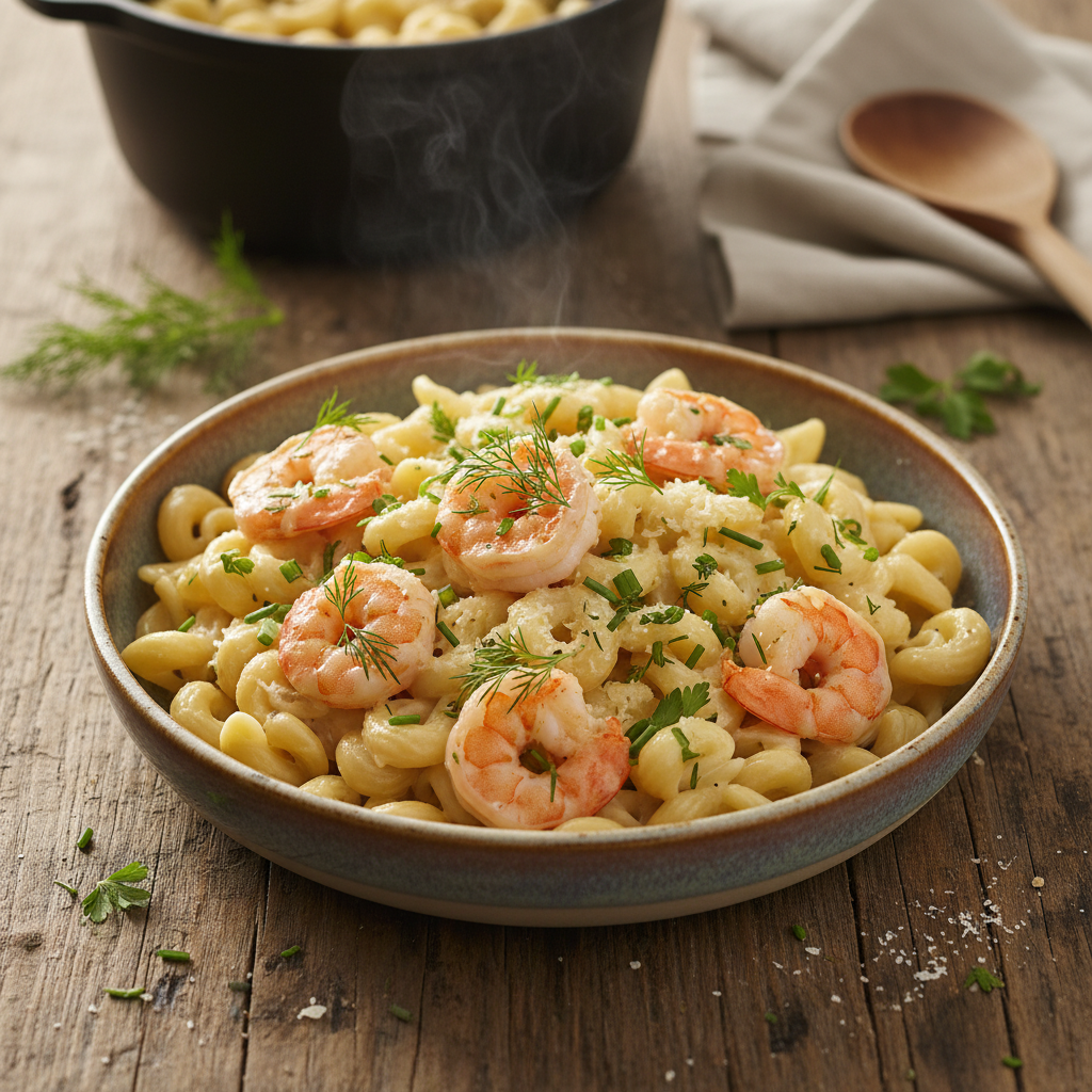 Image de la recette: Pâtes crémeuses aux crevettes et fines herbes