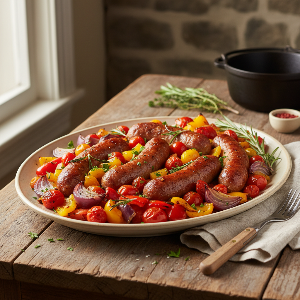 Image de la recette: Saucisses Fumées et Légumes Rôtis au Four