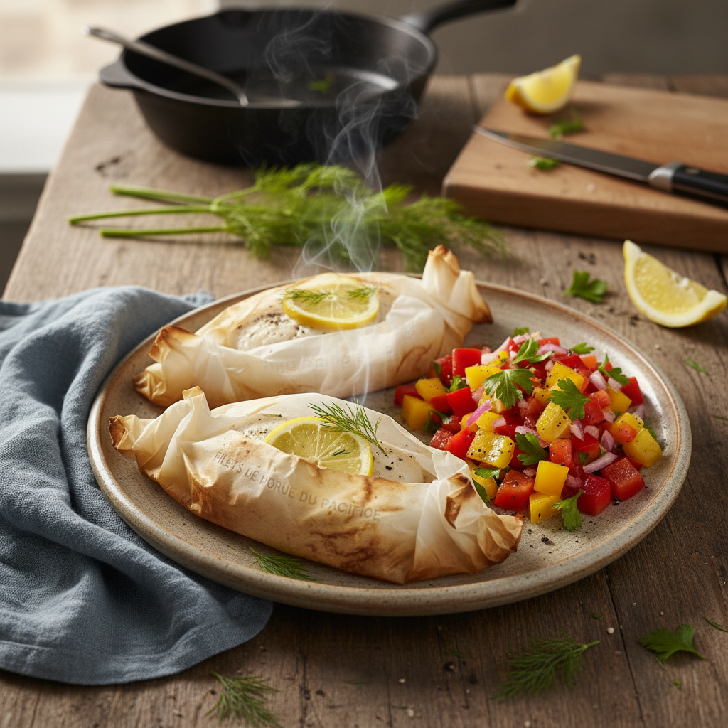 Image de la recette: Morue en Papillote Citron-Aneth et Salade de Poivrons