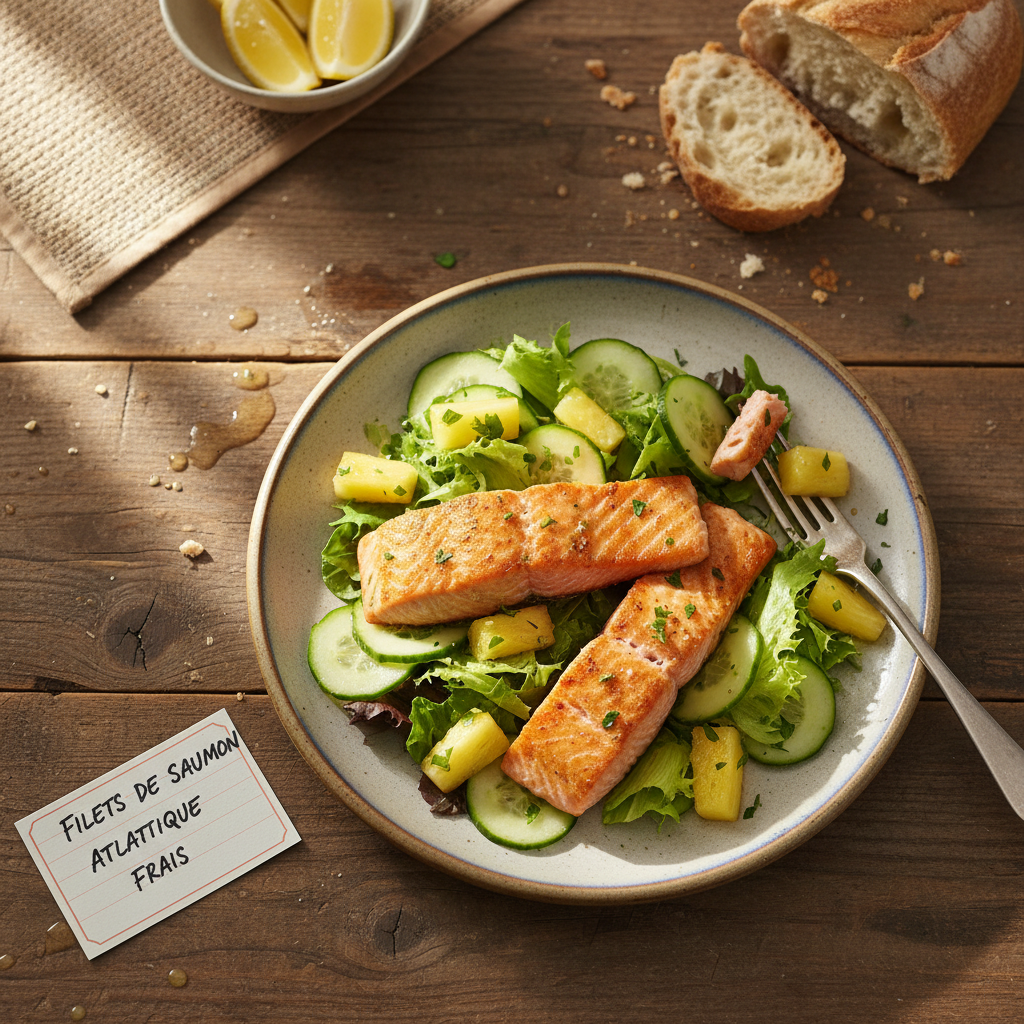 Image de la recette: Saumon Poêlé, Salade Fraîche Ananas-Concombre