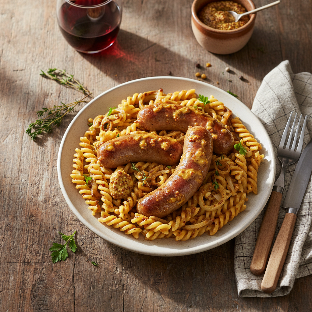 Image de la recette: Saucisses Lafleur Braisées à la Moutarde et Pâtes