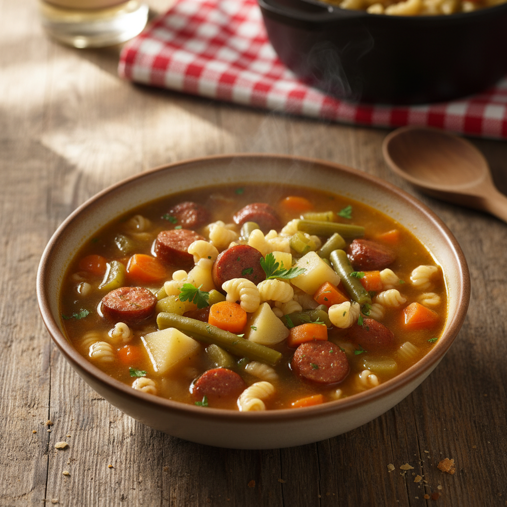 Image de la recette: Soupe-Repas aux Saucisses Fumées et Légumes