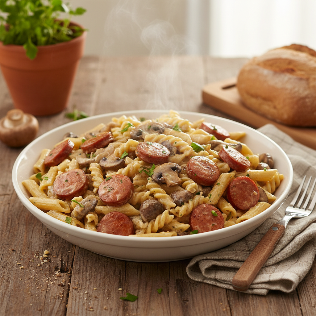 Pâtes crémeuses aux saucisses fumées et champignons