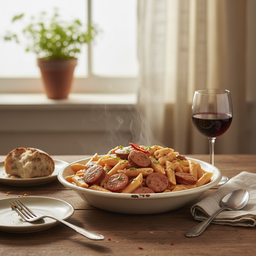 Image de la recette: Penne aux saucisses rosées