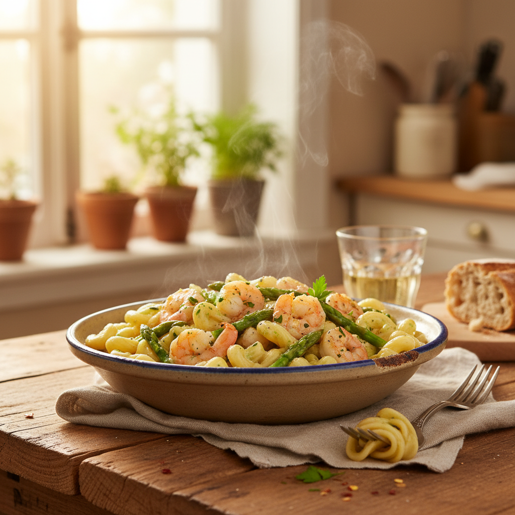 Image de la recette: Pâtes aux crevettes et asperges