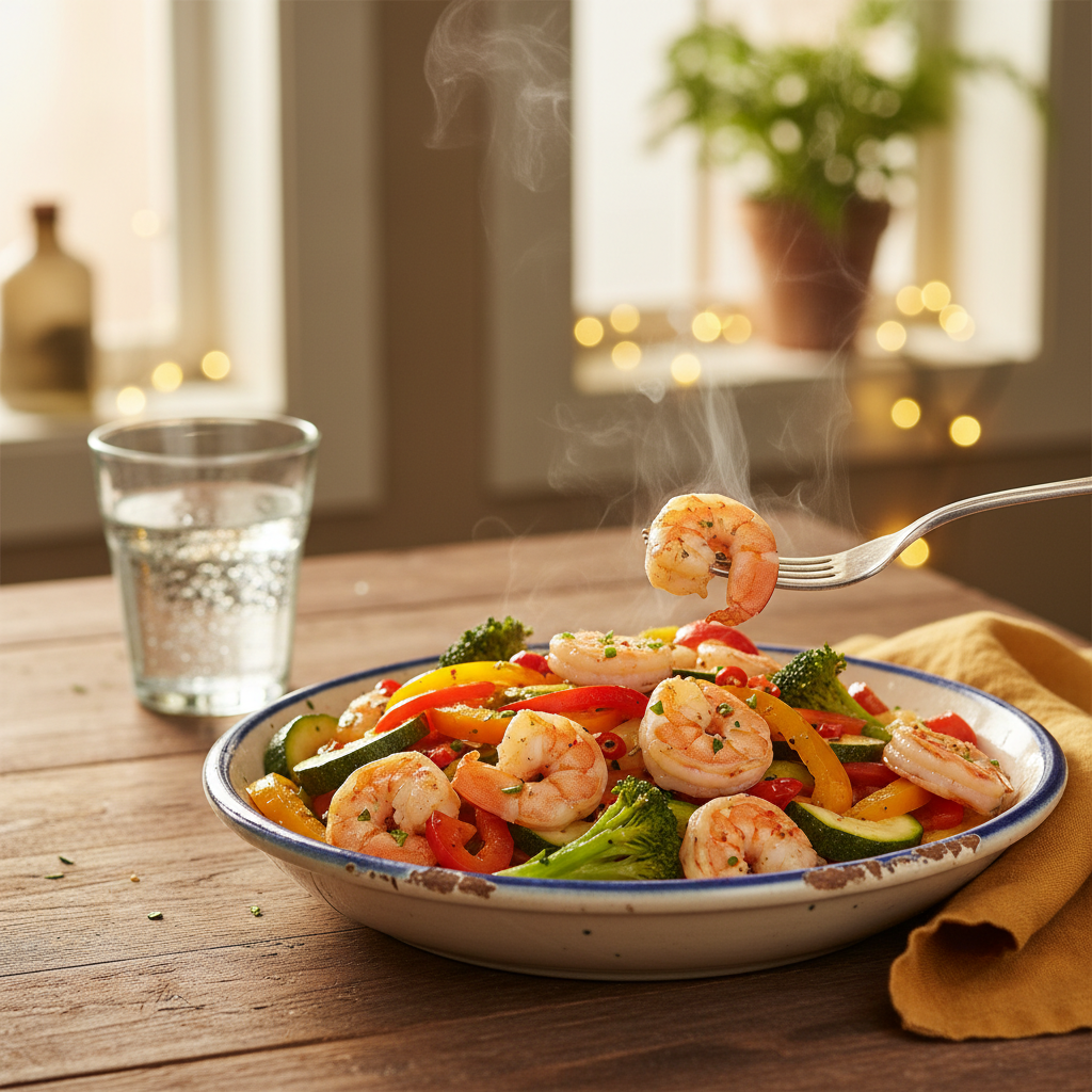 Image de la recette: Crevettes et légumes express