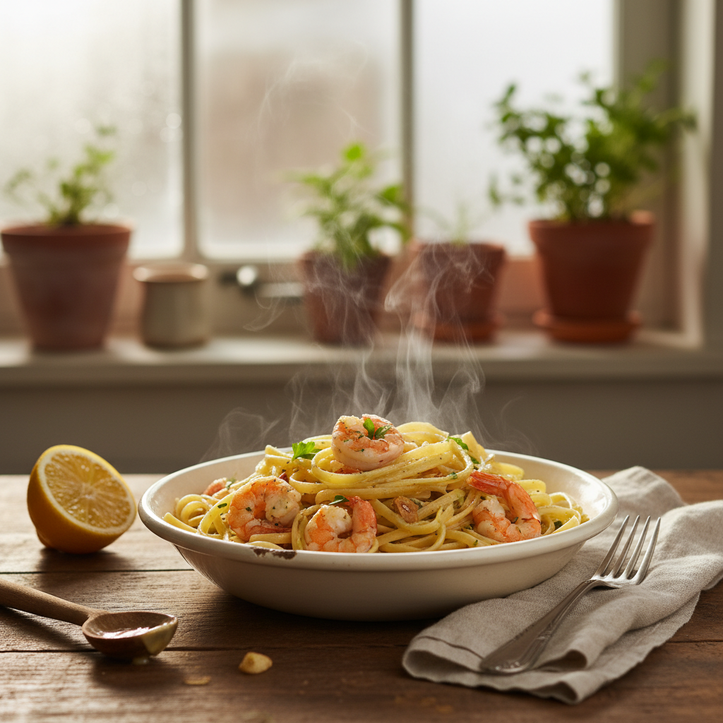 Image de la recette: Pâtes aux crevettes et ail