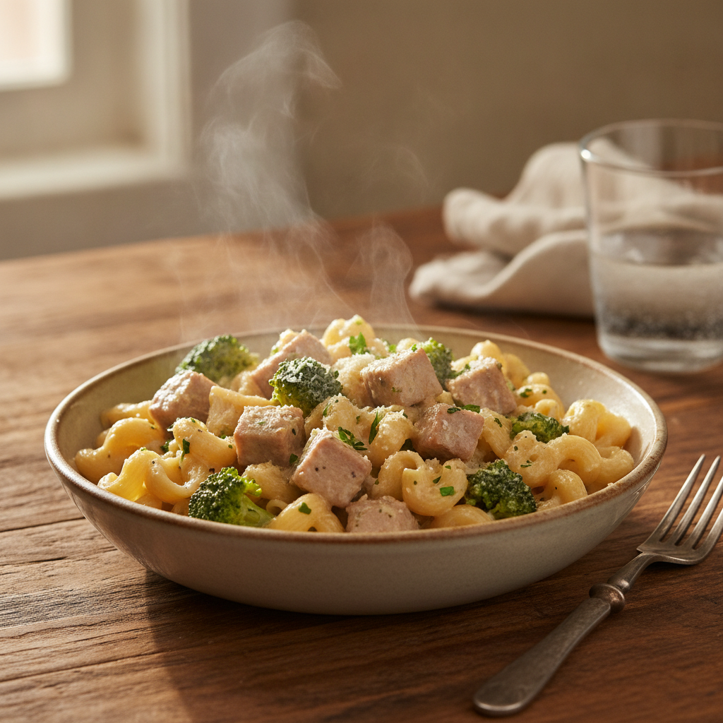 Image de la recette: Pâtes crémeuses porc brocoli