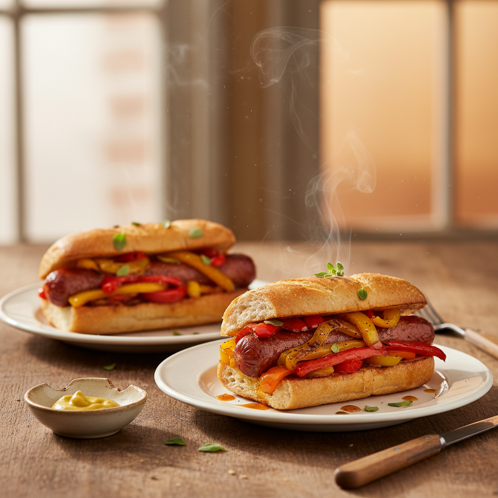 Image de la recette: Saucisses et poivrons dans pains