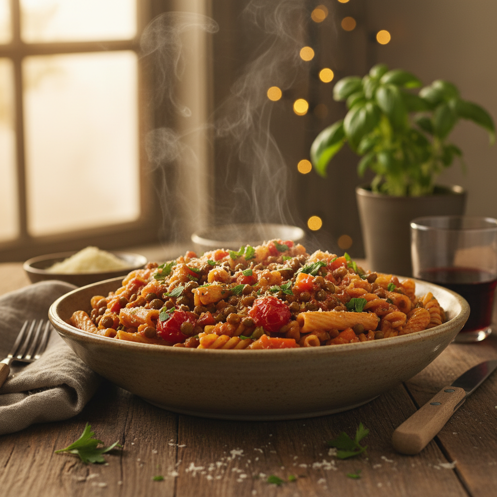 Image de la recette: Pâtes aux lentilles tomates