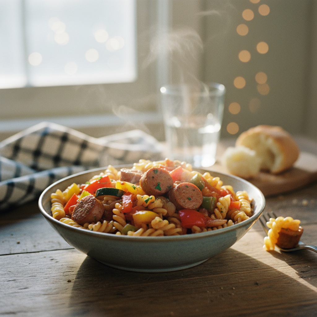 Image de la recette: Pâtes saucisses légumes sauce