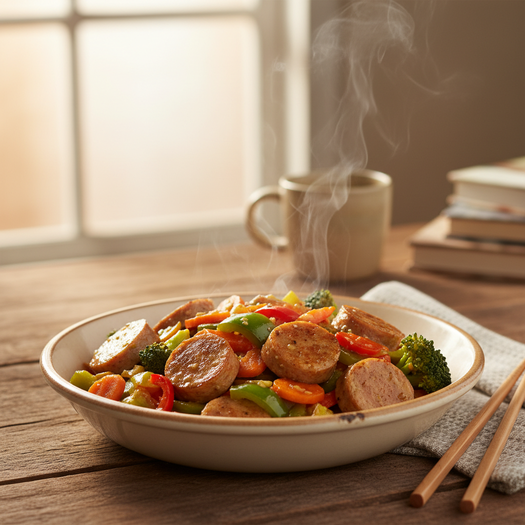 Image de la recette: Saucisses poulet légumes sautés