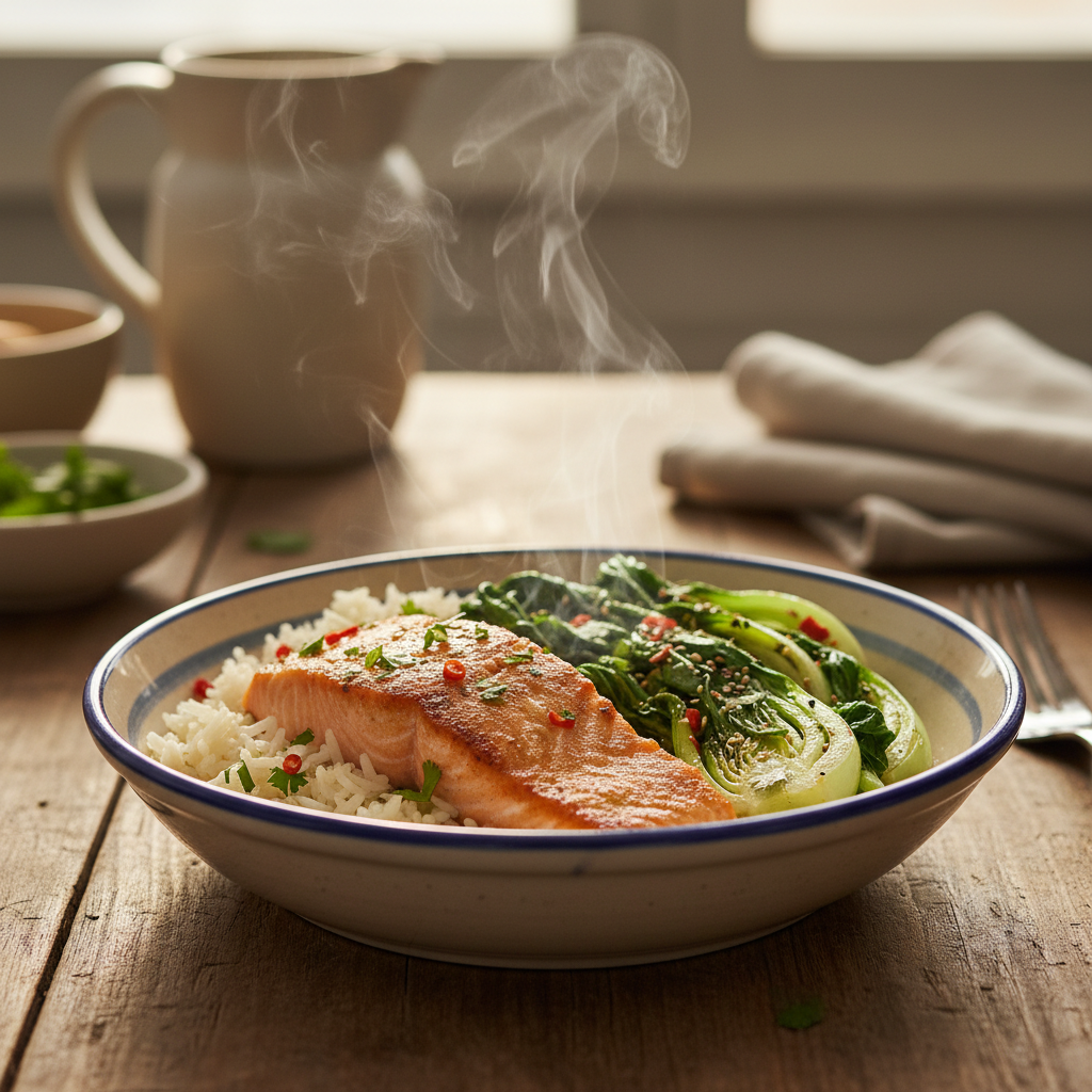 Image de la recette: Bol saumon riz pak-choïs