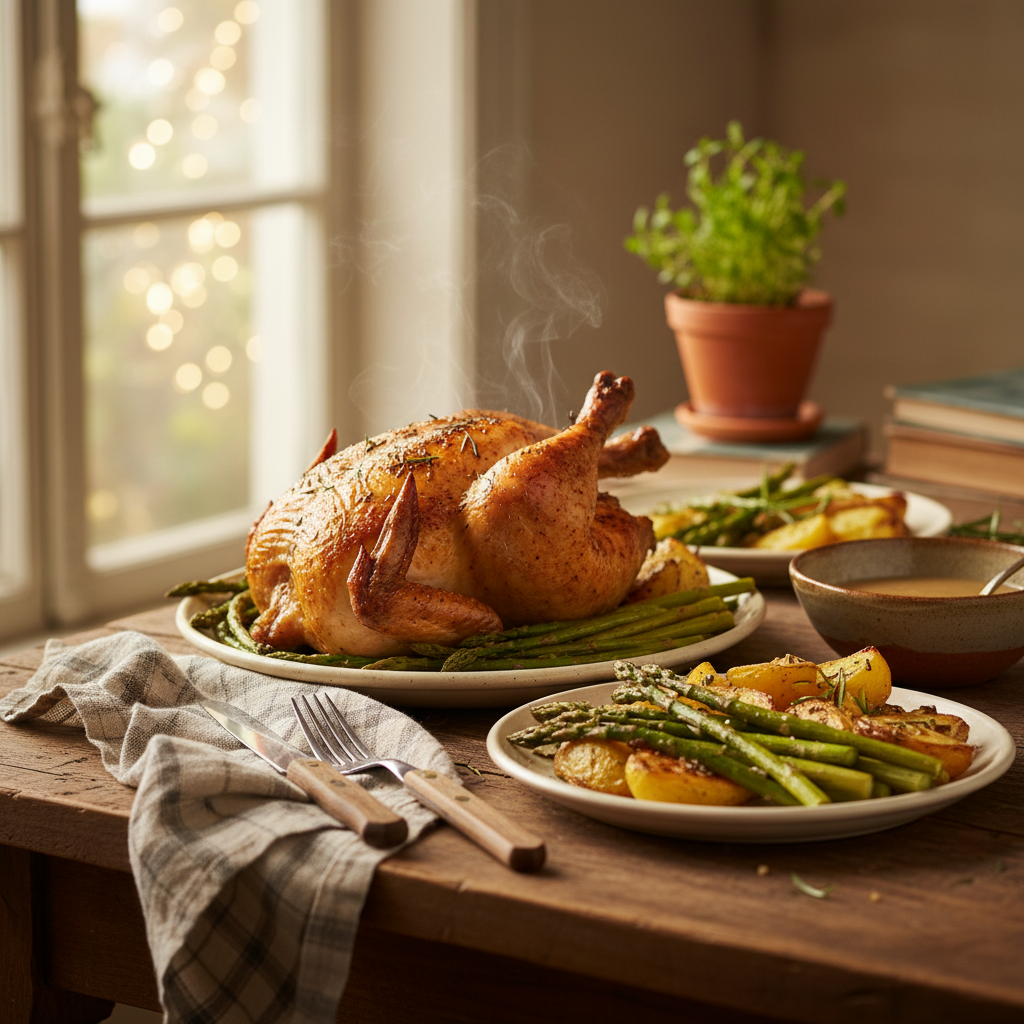 Image de la recette: Poulet rôti aux asperges