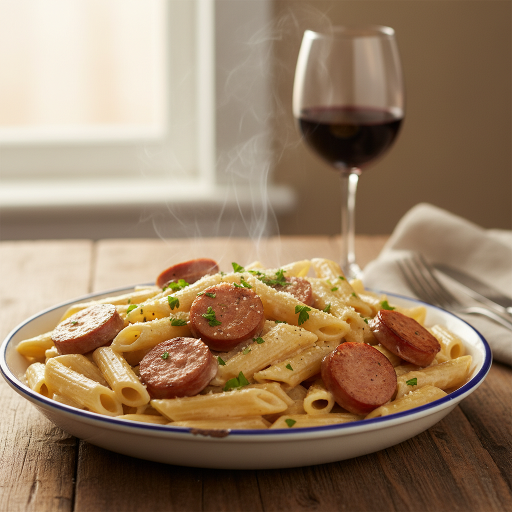 Image de la recette: Pâtes crémeuses aux saucisses