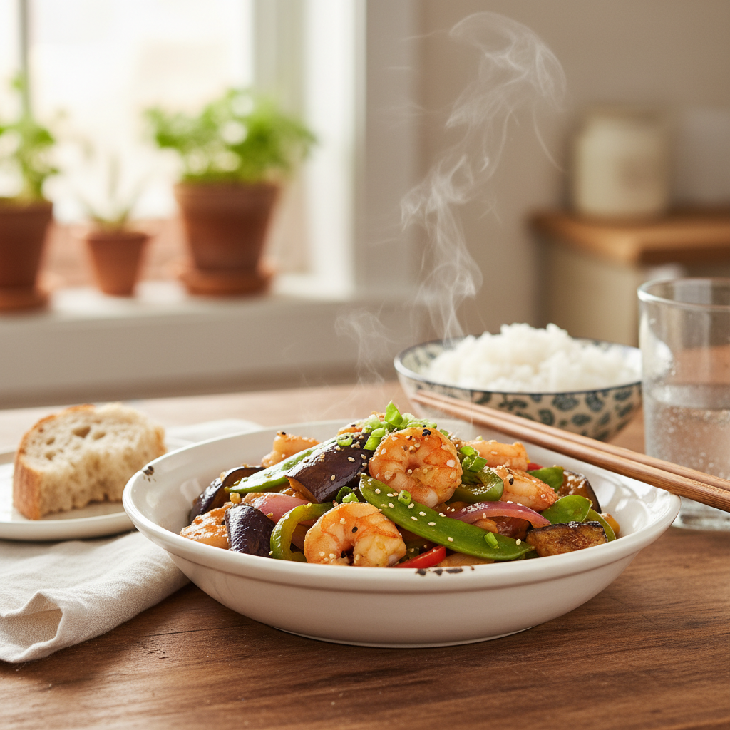 Image de la recette: Crevettes sautées aux légumes