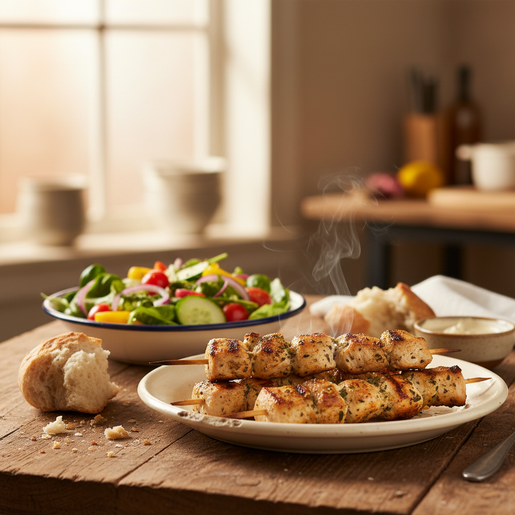Image de la recette: Brochettes poulet et salade