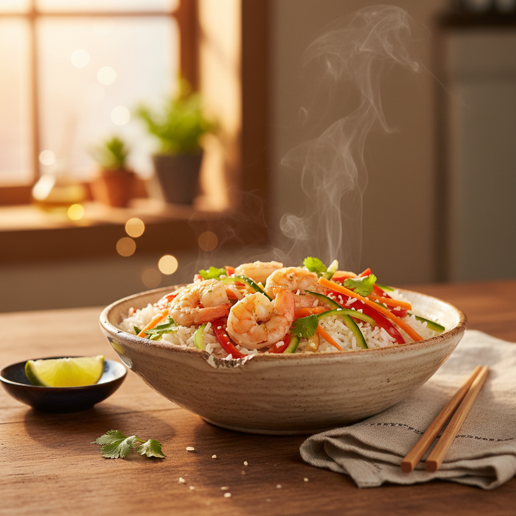 Image de la recette: Bol de crevettes riz frais