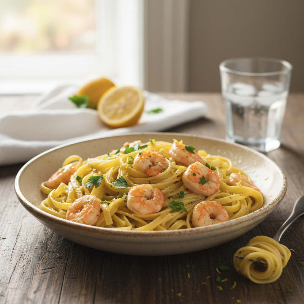 Image de la recette: Pâtes aux crevettes citron