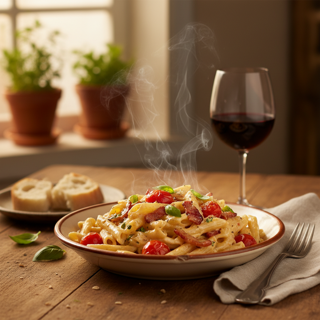 Image de la recette: Pâtes crémeuses bacon tomates