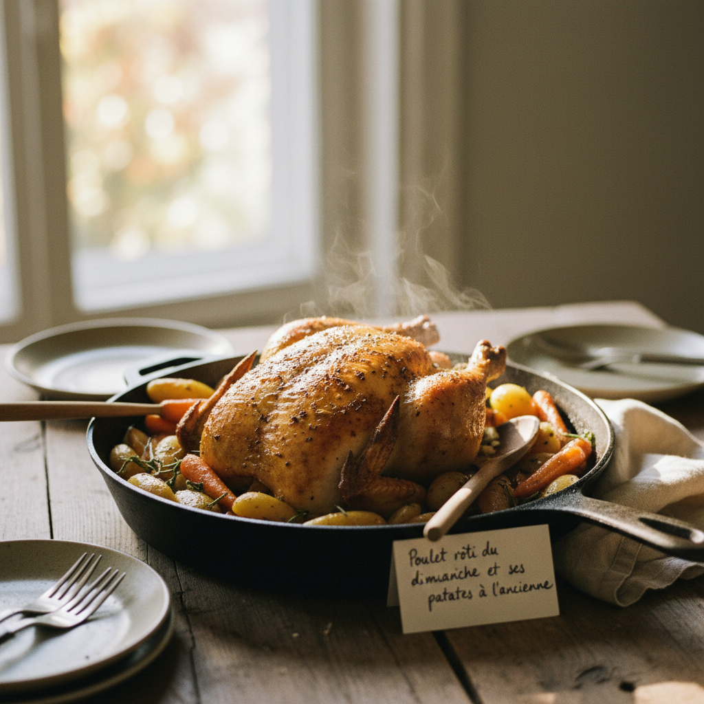 Image de la recette: Poulet rôti du dimanche et ses patates à l'ancienne