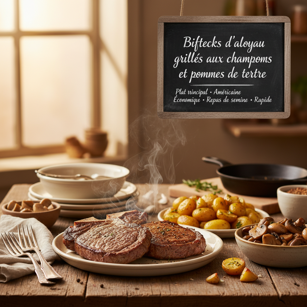 Image de la recette: Biftecks d'aloyau grillés aux champignons et pommes de terre