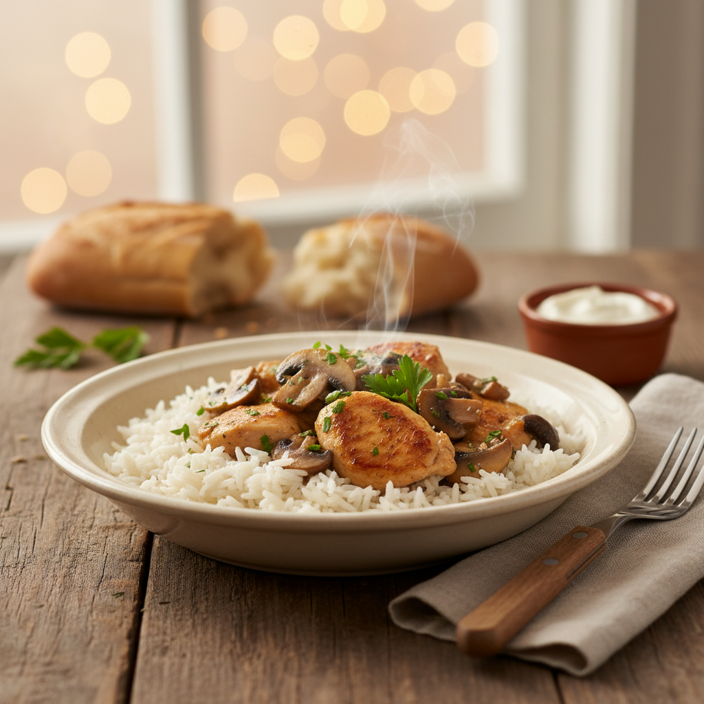 Image de la recette: Poulet Sauté aux Champignons et Riz Jasmin
