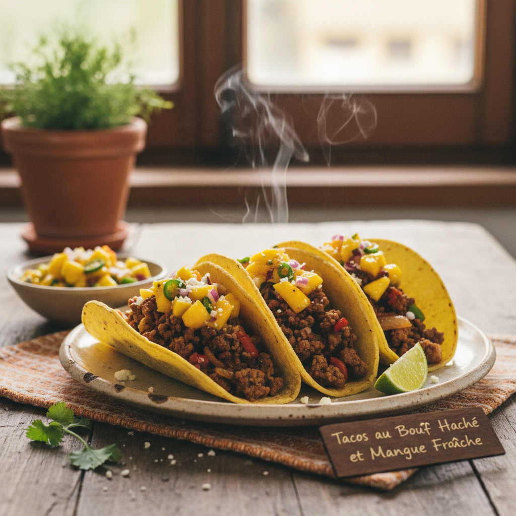 Image de la recette: Tacos au Bœuf Haché et Mangue Fraîche