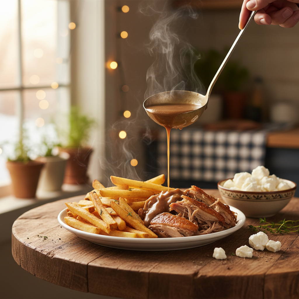 Image de la recette: Poutine Déconstruite au Canard Confits du Lac Brome, Sauce au Poivre Pis Fromage qui Squick!