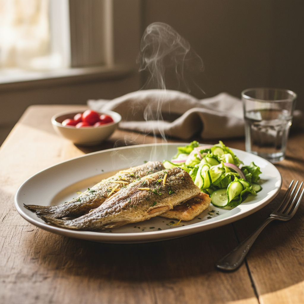 Image de la recette: Filets de Truite Rôtis au Four avec Salade Concombre-Laitue