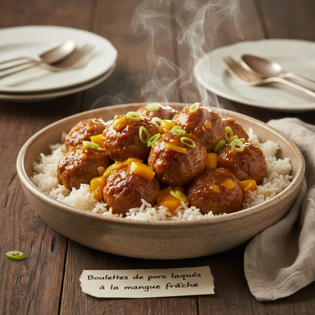 Image de la recette: Boulettes de porc laquées à la mangue fraîche