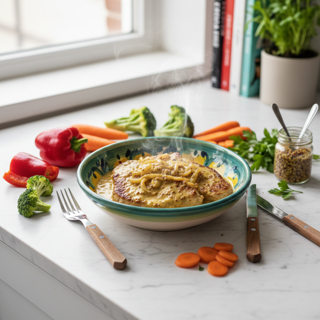 Image de la recette: Côtelettes de porc poêlées, sauce crémeuse moutarde et oignons