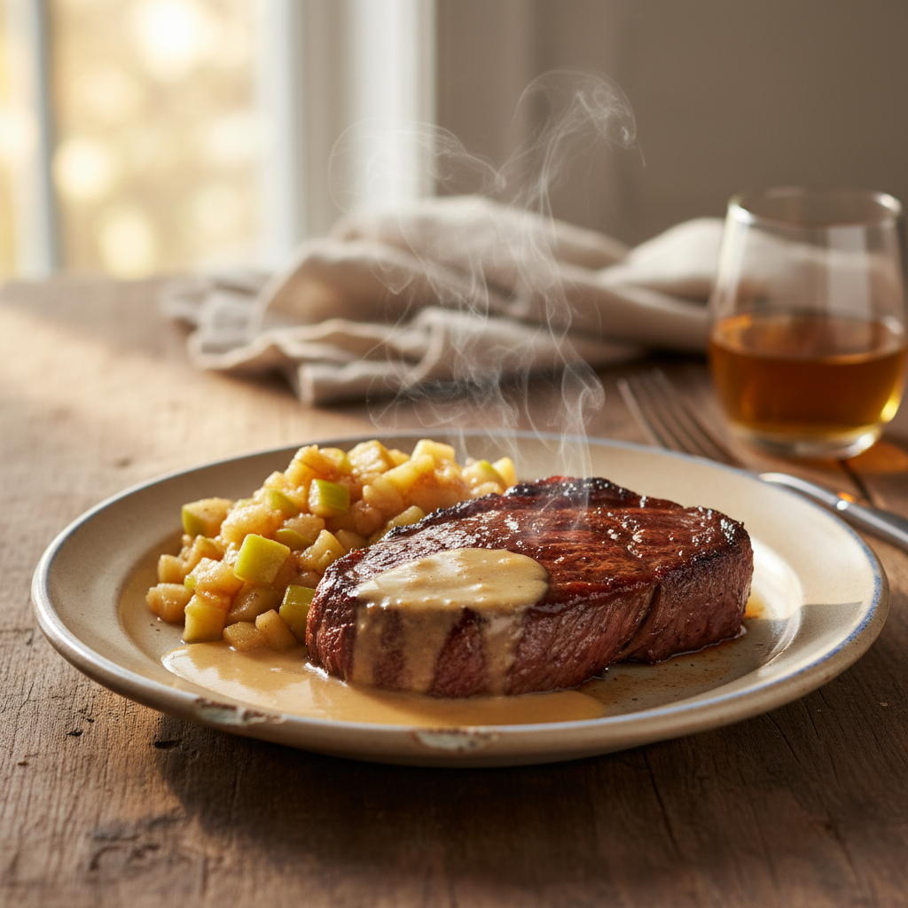 Image de la recette: Contre-filet à l'érable et aux pommes de Granny Smith, sauce au cidre de glace