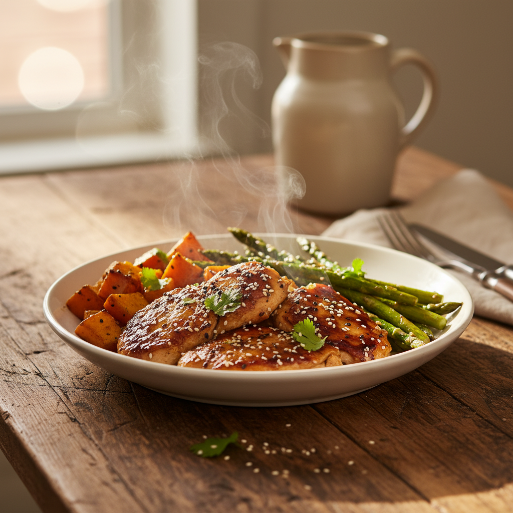 Image de la recette: Poulet Asiatique aux Patates Douces et Asperges