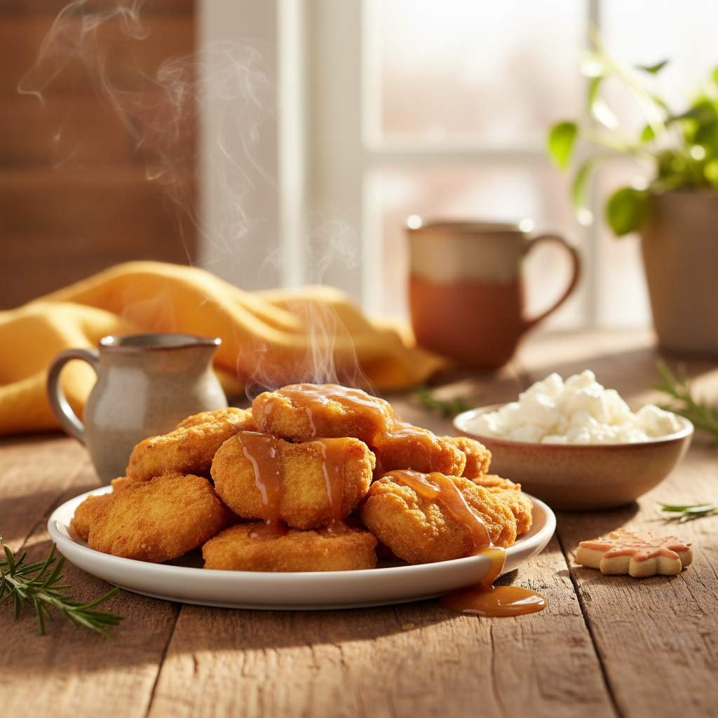 Poutine revisitée aux pépites de poulet Flamingo pis à la sauce au miel et à l'érable