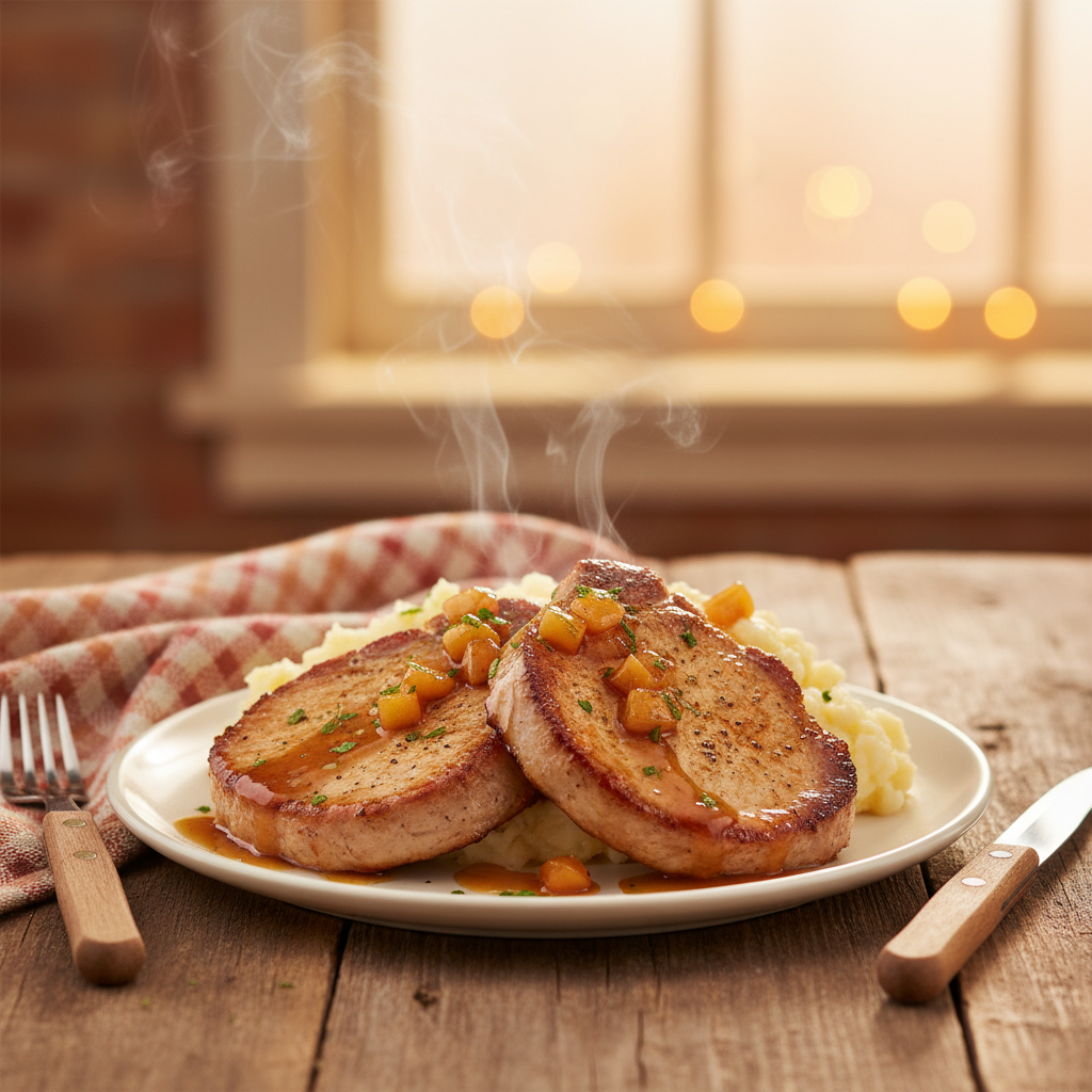 Image de la recette: Côtelettes de porc à la québécoise, sauce érable et pommes de terre pilées au babeurre