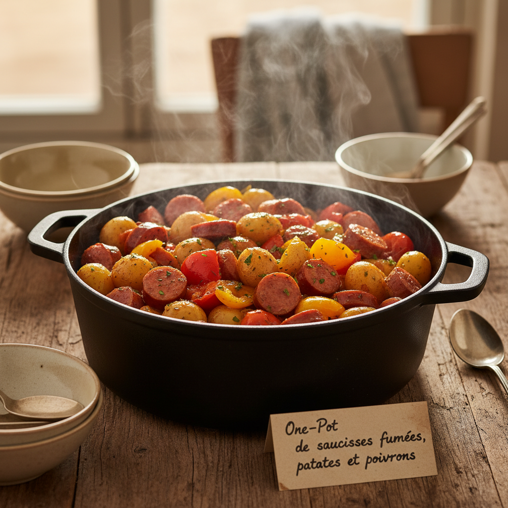 Image de la recette: One-Pot de saucisses fumées, patates et poivrons
