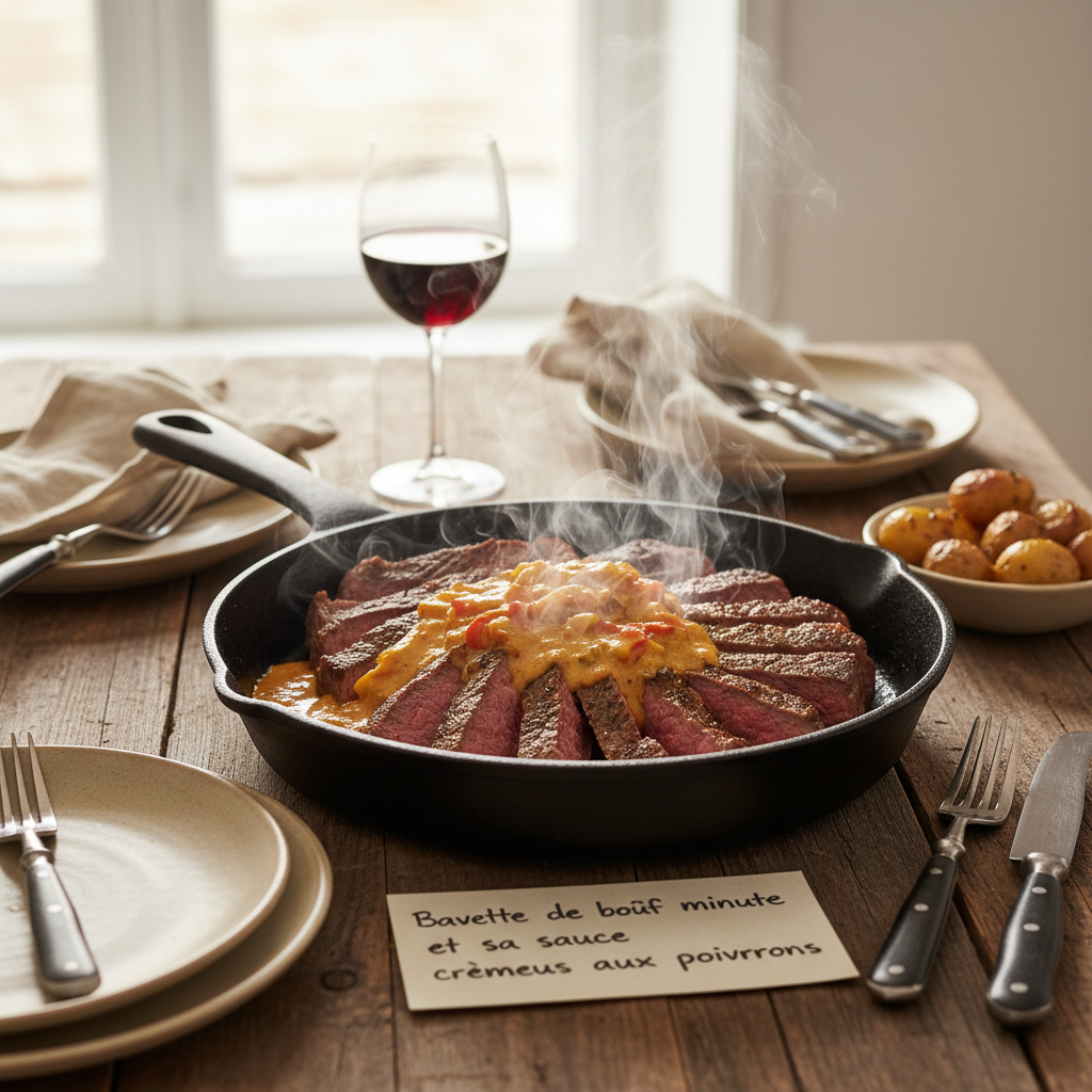 Image de la recette: Bavette de bœuf minute et sa sauce crémeuse aux poivrons