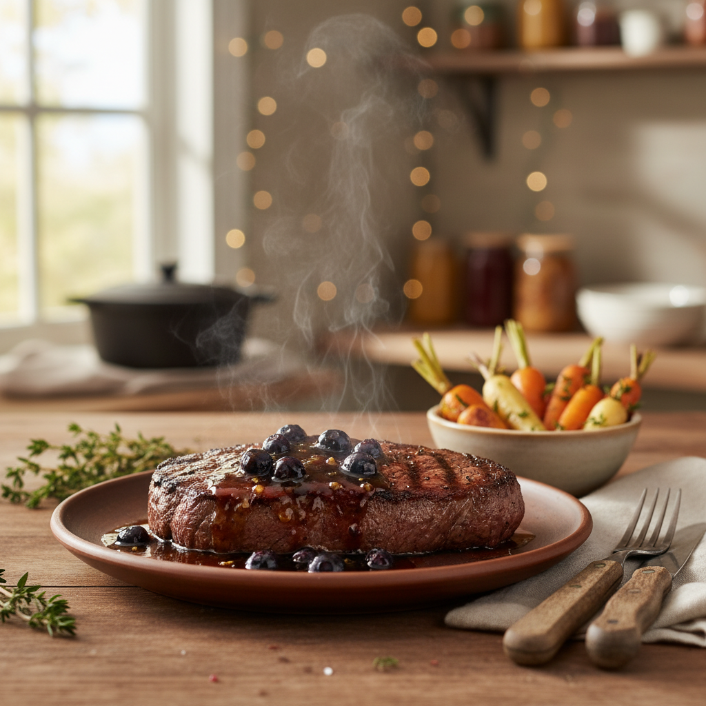 Image de la recette: Bifteck de Haut de Surlonge 'À la Québécoise' avec sa Sauce aux Bleuets et Érable
