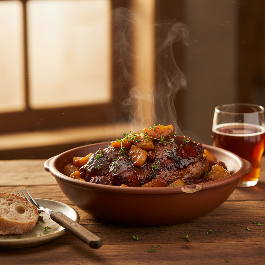 Image de la recette: Épaule de Porc Picnic Braisée à la Bière Rousse et aux Pommes du Québec