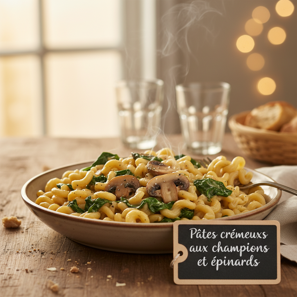 Image de la recette: Pâtes crémeuses aux champignons et épinards