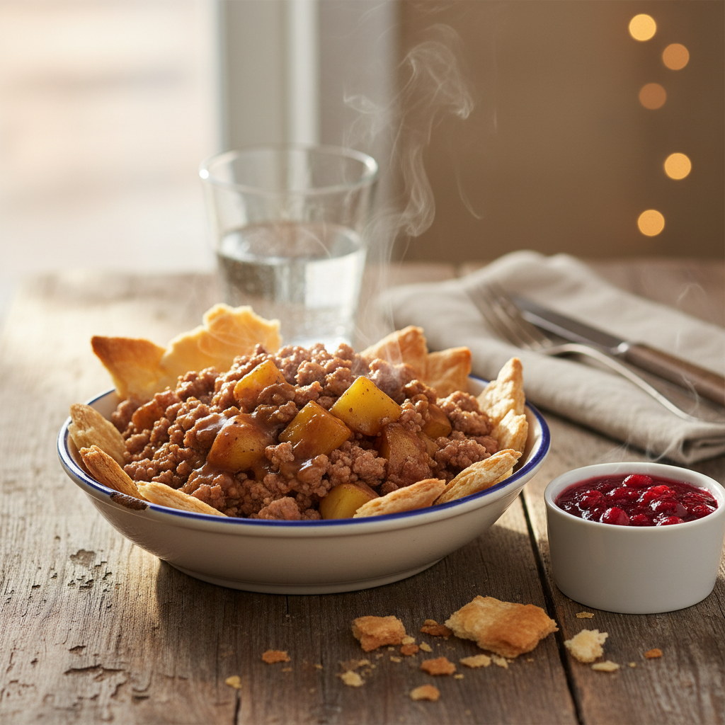 Image de la recette: Tourtière Déconstruite au Porc et aux Pommes de Terre, Sauce aux Canneberges
