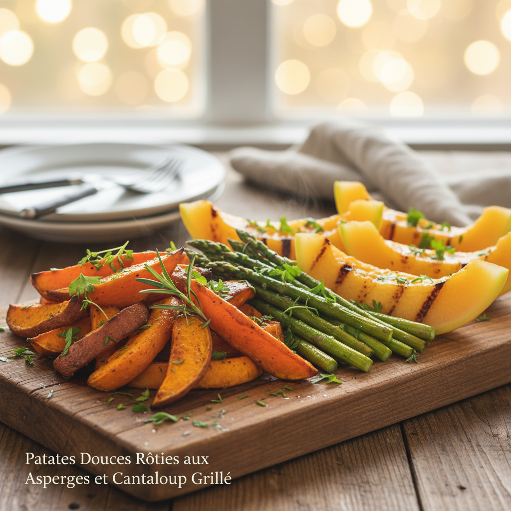Image de la recette: Patates Douces Rôties aux Asperges et Cantaloup Grillé