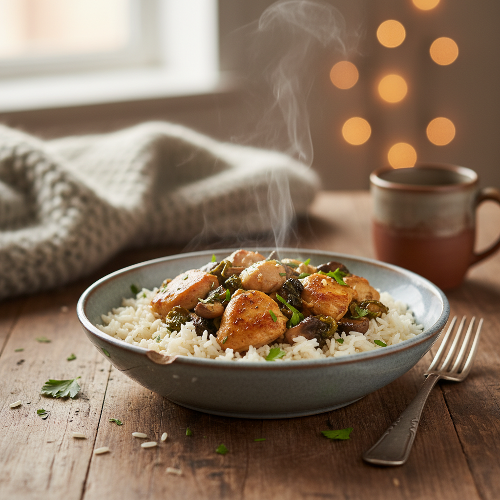 Image de la recette: Poulet Sauté aux Champignons et Riz Jasmin